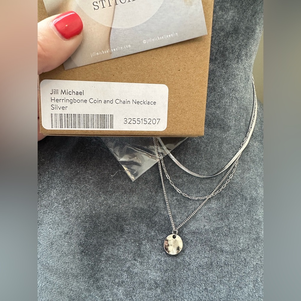 Jill Michael Herringbone Coin and Chain Triple Layer Necklace in Silver Tone
